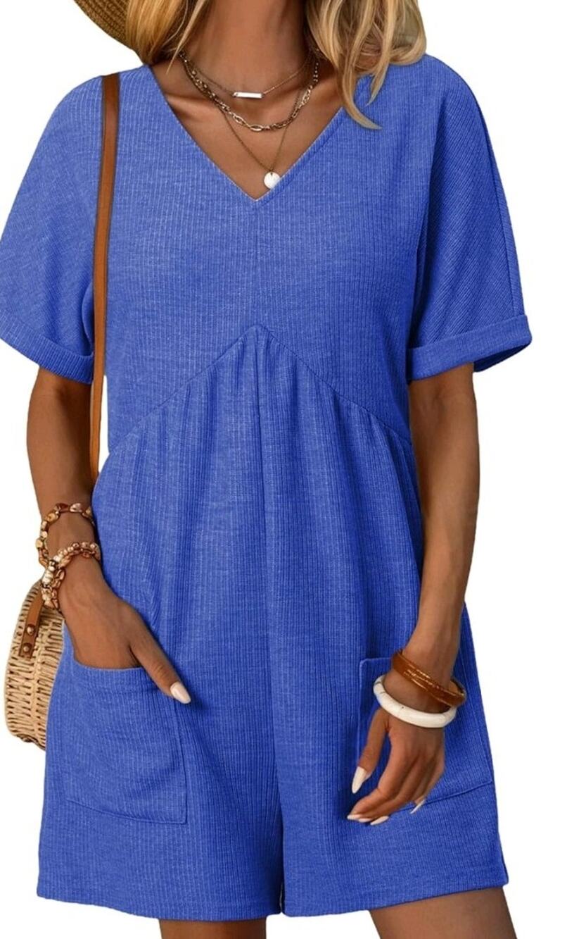 Romper Casual Short Sleeve V Neck Zipper Short Jumpsuits with Pockets